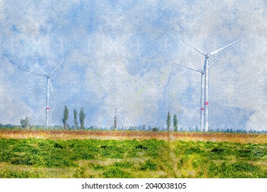 A wind farm in the field. Tall white three-bladed wind generators against a clear sky. Industrial landscape. Digital watercolor painting.