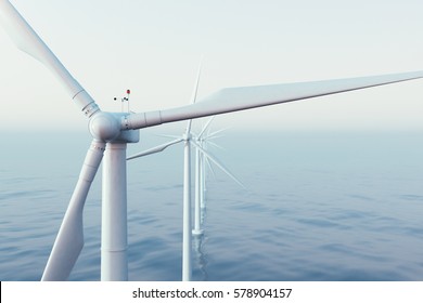 Wind farm turbines caught in sunset sky. Beautiful contrast with the blue sea. ecological concept, 3d rendering