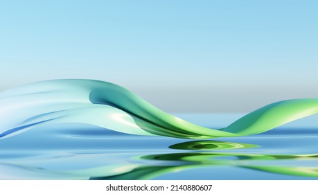 Wind Glass Ribbon On Water. Abstract Wallpaper For Banner. 3d Rendering.