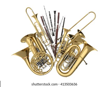 Wind Musical Instruments  On White 3D Rendering