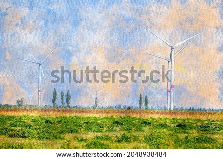 A wind power plant in the field. Ripe sunflowers in the foreground. Renewable energy. Digital watercolor painting