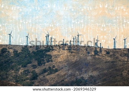 Wind power plant in the mountains. Wind generators installed on a mountain slope. Industry. Digital watercolor painting. Contemporary art.