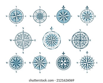 Wind Rose Compass Icons. Cartography Elements, Vintage Navigation. Marine Signs, East North Nautical Pointer. Discovery Arrow Tidy Set