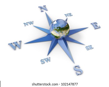 Wind rose with planet earth in the center, isolated on white