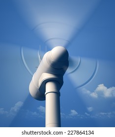 Wind Turbine Blades Spinning - Closeup View With Blue Hazy Sky - 3D Artwork