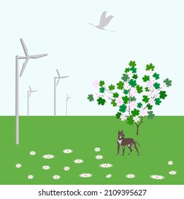 Wind Turbine, Dog, Wildflowers, Flowering Tree, Flying Bird - Alternative Energy. Clean Energy.