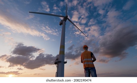 Wind Turbine Generator Worker Helmet Engineer Blue Cloud Sky Industry Power Concept 3d Render