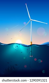 Wind turbine on offshore. Wind generator construction. Subsea or underwater view. Windmill connection power cable on seabed. Power generator technology. Seascape. Sun's rays shine through the water.
