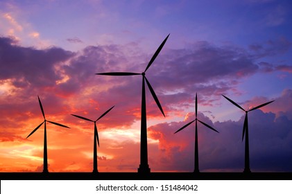 Wind Turbine At Sunset Background Ecosystem For Design