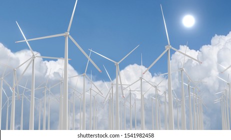 Wind turbines farm, sky. 3D rendering - Shutterstock ID 1541982458