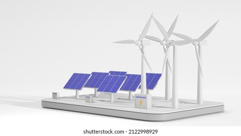 Wind turbines, solar panels and battery bank isolated on white background, isometric 3d render, angle view. Alternative renewable power generation, electricity production, green energy concept