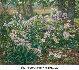 WINDFLOWERS, by Ruger Donoho, 1912, American painting, oil on canvas. Flowers in a landscape painted with impressionist color and paint application, with naturalistic clarity of form and space