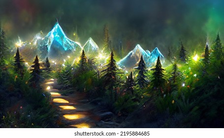 Winding Magical Forest Path To The Mountains