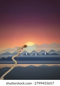 A winding mountain path leads toward a glowing sun setting behind geometric peaks, with a small wooden structure perched along the trail and scattered red flowers dotting the journey against a gradient twilight sky.