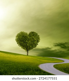 Winding path forwards through an imaginary landscape to a heart-shaped tree