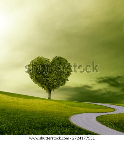 Winding path forwards through an imaginary landscape to a heart-shaped tree