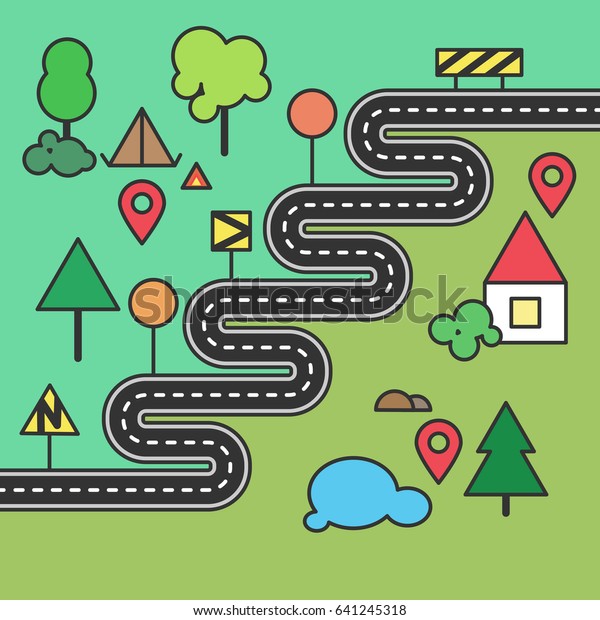 Winding road journey and hiking trip\
with camping place and pin-pointer in a flat design\
style
