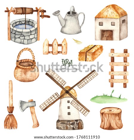 Windmill, barn and village attributes. Farm illustartion. Watercolor hand drawn clipart for kids