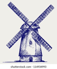 Windmill. Doodle style. Raster version