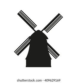 Windmill icon. Black silhouette of mill isolated on white background.