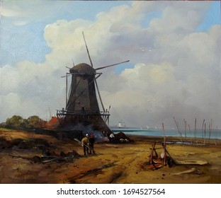 A Windmill On The Shore With Figures Of People On A Background Of Beautiful Clouds,oil Painting, Fine Art, Figures Of People, Windmill, Sky, Landscape, Nature