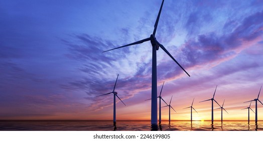 Windmill park. Offshore wind turbines farm on the ocean. Sustainable energy production. Green Energy, clean power, clean energy concept.	
 - Powered by Shutterstock