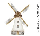 Windmill watercolor illustration. Drawing of old rustic tower with blades for flour production. Old vintage building in pastel colors. Painting of wind mill for harvest festival.