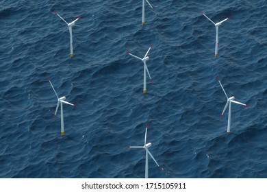 Windmills at sea clean energy, alternative energy, wind energy. Technology concept, renewable energy. 3D rendering 3D illustration copy space