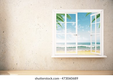 Window with beach view in interior with blank concrete wall and wooden floor. Mock up, 3D Rendering
