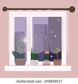 A Window With Flowers And A View Of The Night City. The Drawing Is Made In The Style Of Minimalism. Atmospheric Illustration Of A City Apartment Window.