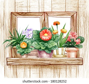 Window frame with flowers