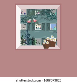 window overlooking the street, spring tree, stay at home