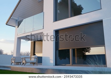 Window roller. Front of a Modern Building with a Terrace View and Exterior Blinds