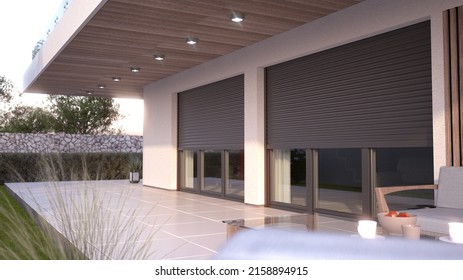 Window Roller Illustration - Modern House With Terrace, 3D Illustration