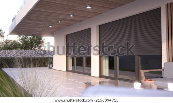 Window roller illustration - modern house\
with terrace, 3D\
illustration