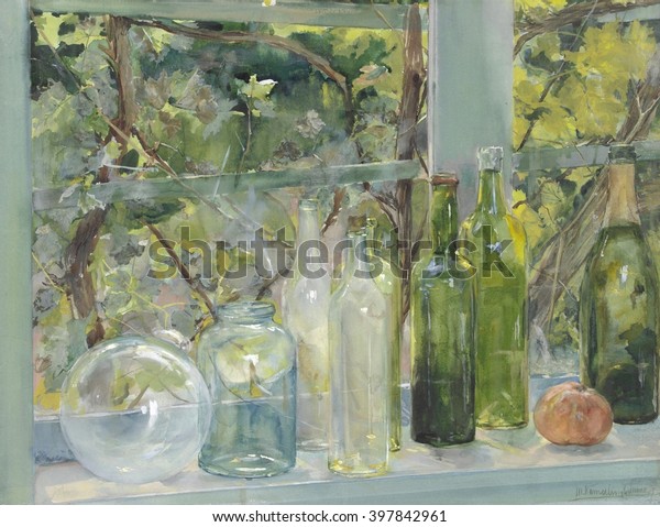 Window Sill Bottles Glass Globe Apple Stock Illustration 397842961