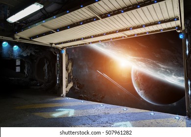 Window view of space and planets from a shuttle runway 3D rendering elements of this image furnished by NASA