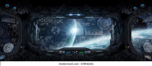 Window view of space and planets from a space station 3D rendering elements of this image furnished by NASA