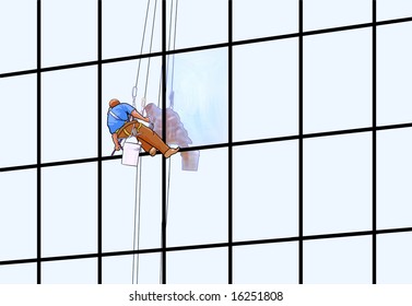 A window washer on a skyscraper