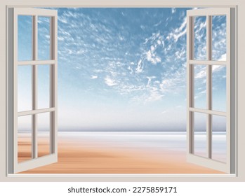 Window white and clear sky view with beach