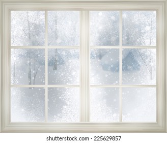 Window With Winter View Of Snowy Background.