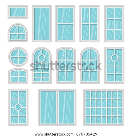 Windows 3d flat cartoon set isolated on white background. Interior elements.  illustration