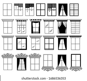 windows collection drawings, different architectural elements set of house or buildings window style