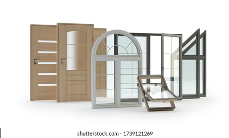 Windows and doors isolated on white, 3d illustration