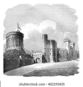 Windsor Castle, Vintage Engraved Illustration. Colorful History Of England, 1837.
