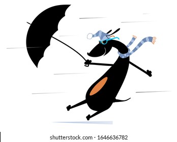 Windy day and a dog with umbrella illustration. Cartoon dachshund with an umbrella stands on the strong wind isolated on white illustration