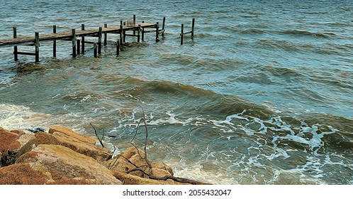 Windy day, waves and pier, Chesapeake Bay,  illustration 