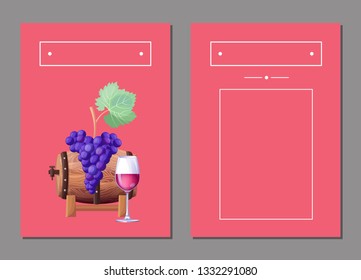 Wine Barrel With Bunch Of Purple Grape, Glasswine With Alchohol Drink Poster, Wooden Cask And Ripe Fruit Raster Illustration, Text On Pink Background