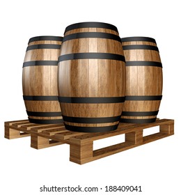 Wine Barrels Wooden Pallet. Isolated On White Background. 3d