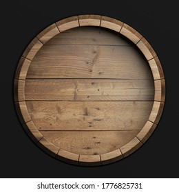 Wine, Beer , Alcohol Template. Old Wooden Barrel Isolated On Black Background, Top View. Whiskey, Bourbon Cellar Concept. 3d Illustration